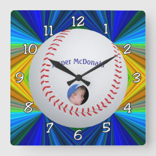 Baseball Multi-colour Background Photo Personalise Square Wall Clock