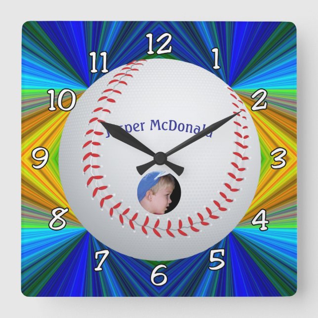 Baseball Multi-colour Background Photo Personalise Square Wall Clock (Front)