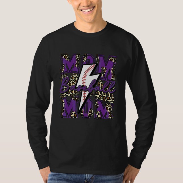 Baseball Mum Baseball Lightning Bolt Leopard Purpl T-Shirt (Front)