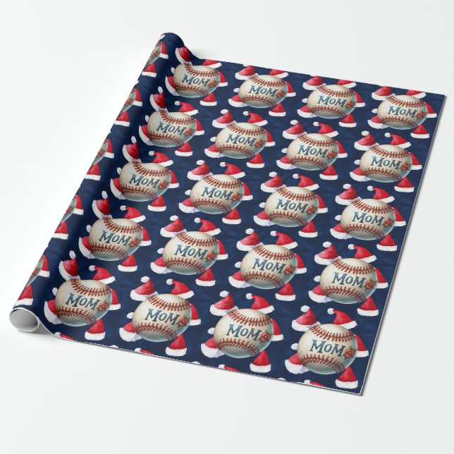 Baseball  Mum Christmas  blue background Wrapping Paper (Unrolled)