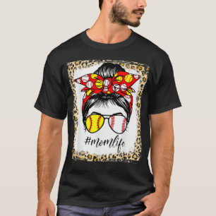 Baseball Mum Life Messy Bun Hair Leopard Bleached T-Shirt
