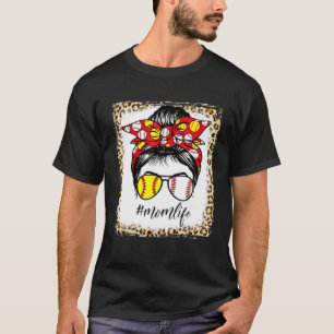 Baseball Mum Life Messy Bun Hair Leopard Bleached T-Shirt