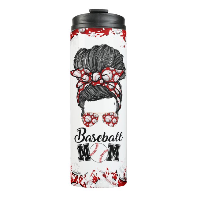 Baseball Mum Messy Bun Red Travel Tumbler (Front)