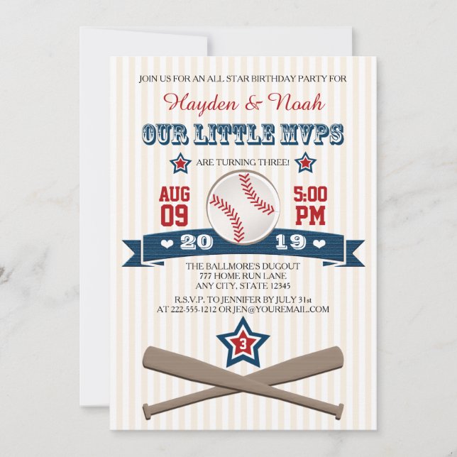 BASEBALL MVP BIRTHDAY INVITATION FOR TWINS (Front)