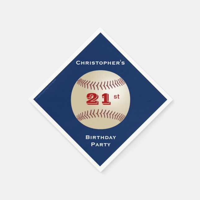 Baseball, Name, 21st Birthday Party Blue Paper Napkin (Corner)