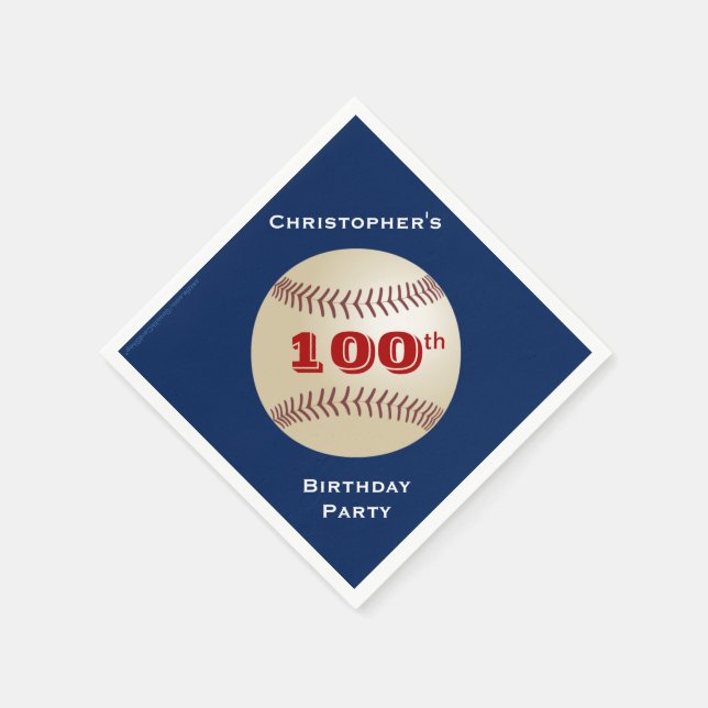 Baseball, Name, Blue 100th Birthday Party Paper Napkin (Corner)