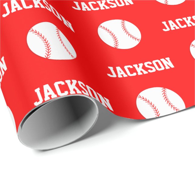 Baseball Name Pattern Red Wrapping Paper (Roll Corner)