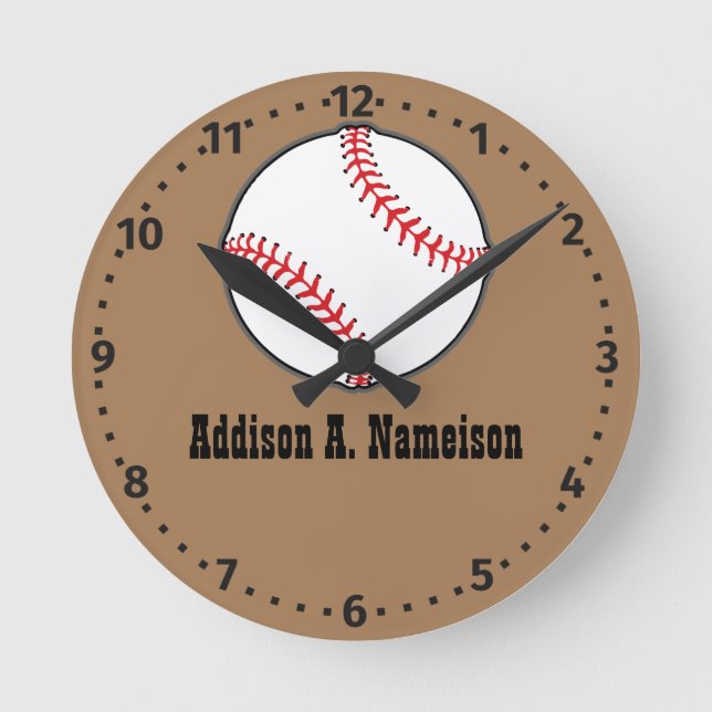 Baseball Name Sport Room Boy Brown Round Clock (Front)