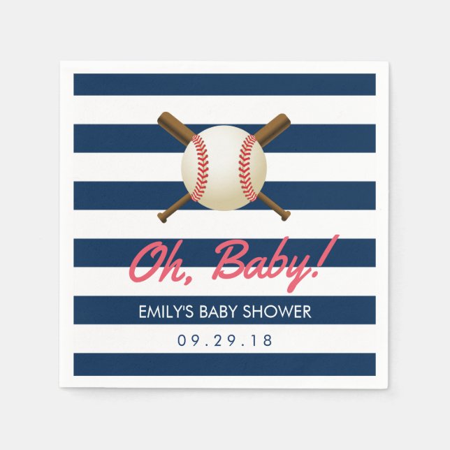 Baseball Navy Blue Stripes Sports Baby Shower Napkin (Front)