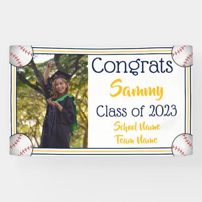 Baseball Navy & Gold One Photo Graduation Banner (Horizontal)