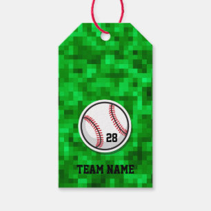 Baseball NUMBER Team NAME Pixilated Green Grass Gift Tags
