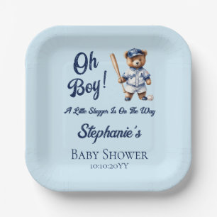 Baseball Oh Boy Baby Shower Cute Bear  Paper Plate