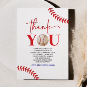 Baseball Oh Boy Blue Red White Baby Shower Thank You Card