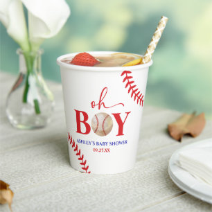Baseball Oh Boy Brown White Baby Shower Paper Cups