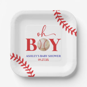 Baseball Oh Boy Brown White Baby Shower Paper Plate