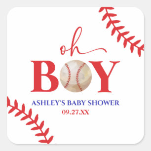 Baseball Oh Boy Red White Baby Shower Square Sticker