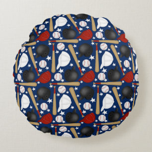 Baseball on blue background round cushion