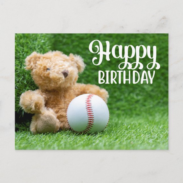 Baseball on Green grass for Birthday  Teddy Bear Postcard (Front)
