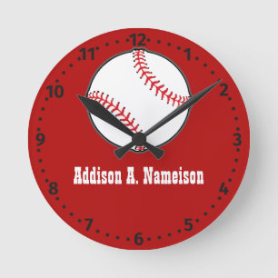 Baseball on Red Name Sports Room Boys Round Clock