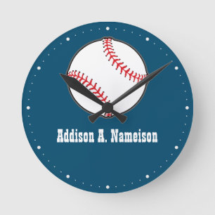 Baseball on Red Name Sports Room Boys Round Clock