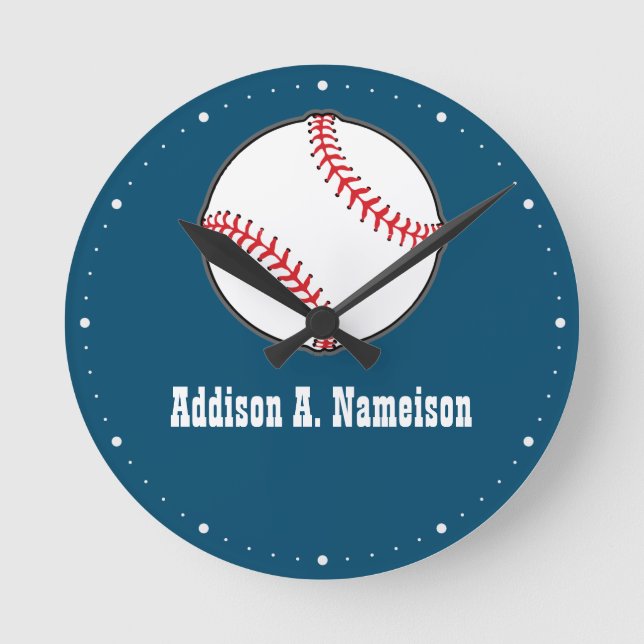 Baseball on Red Name Sports Room Boys Round Clock (Front)