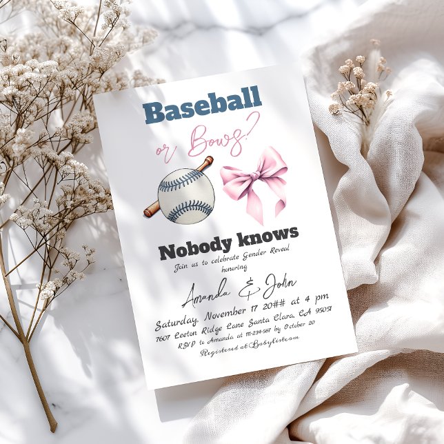 Baseball or Bows Blue or Pink Gender Reveal Invitation (Creator Uploaded)
