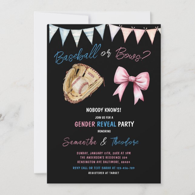 Baseball or Bows Boy or Girl Gender Reveal Party Invitation (Front)