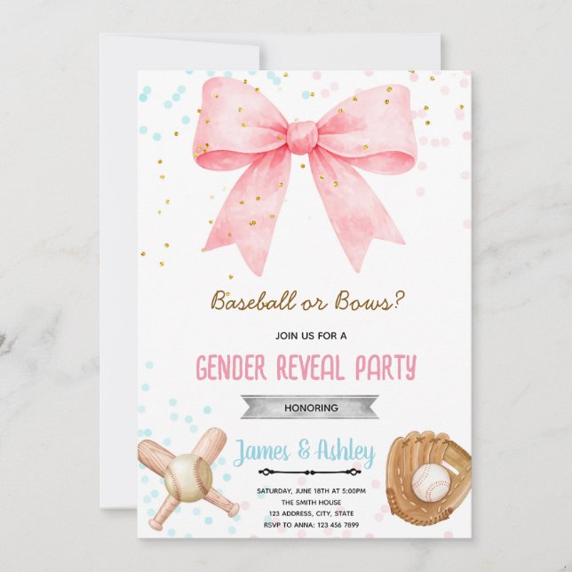 Baseball or Bows Gender Reveal invitation (Front)