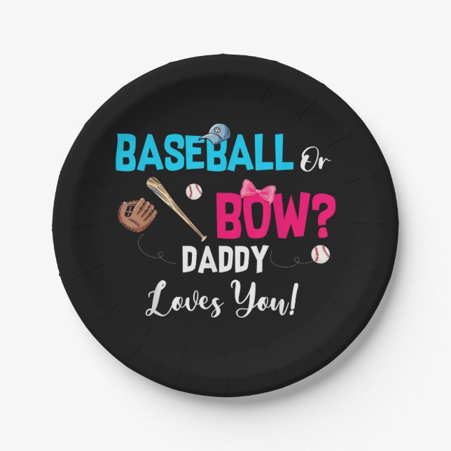 Baseball Or Bows Gender Reveal Party Daddy Loves Paper Plate (Front)