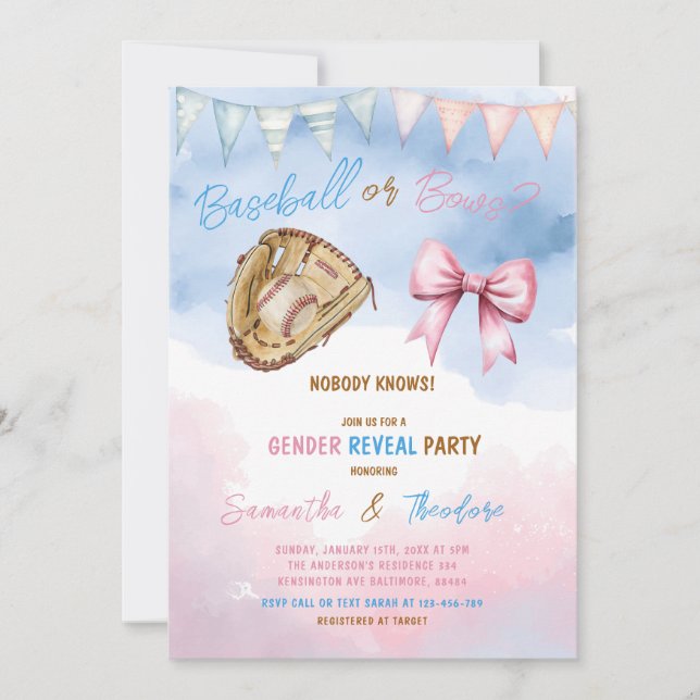 Baseball or Bows He or She Gender Reveal Party Invitation (Front)