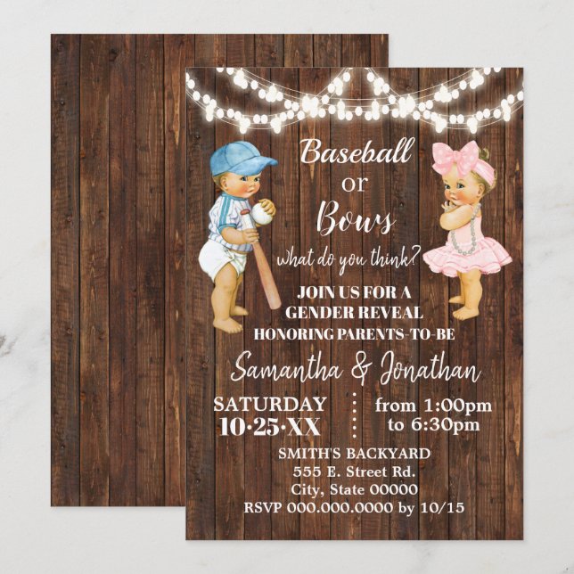 Baseball or Bows Rustic Country Gender Reveal Invitation (Front/Back)