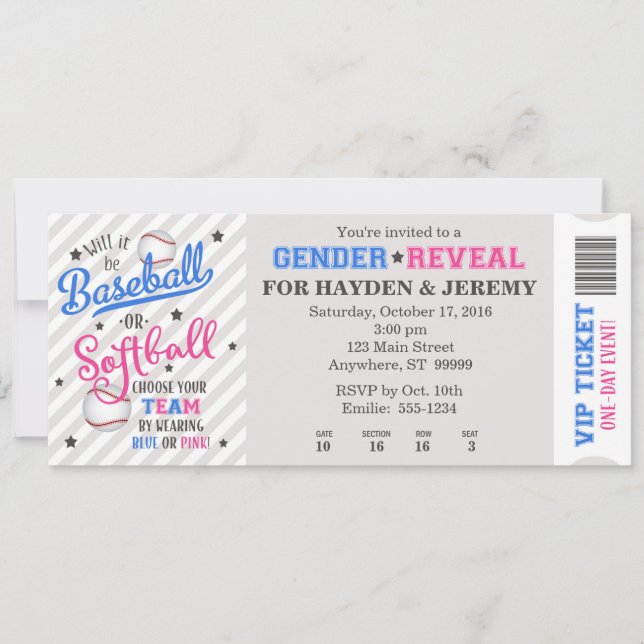 Baseball or Softball Gender Reveal Ticket Style Invitation (Front)