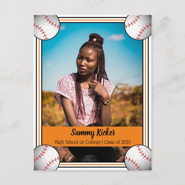 Baseball Orange & Black Graduation Announcement Postcard (Front)