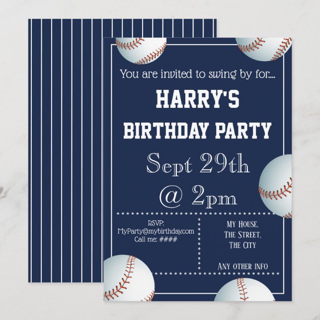 Baseball Party Invitation Editable (Front/Back)