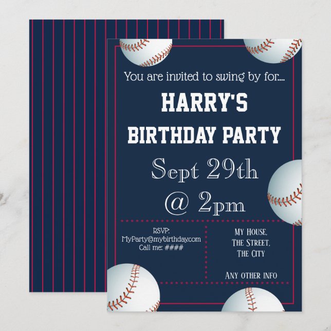 Baseball Party Invitation Editable (Front/Back)