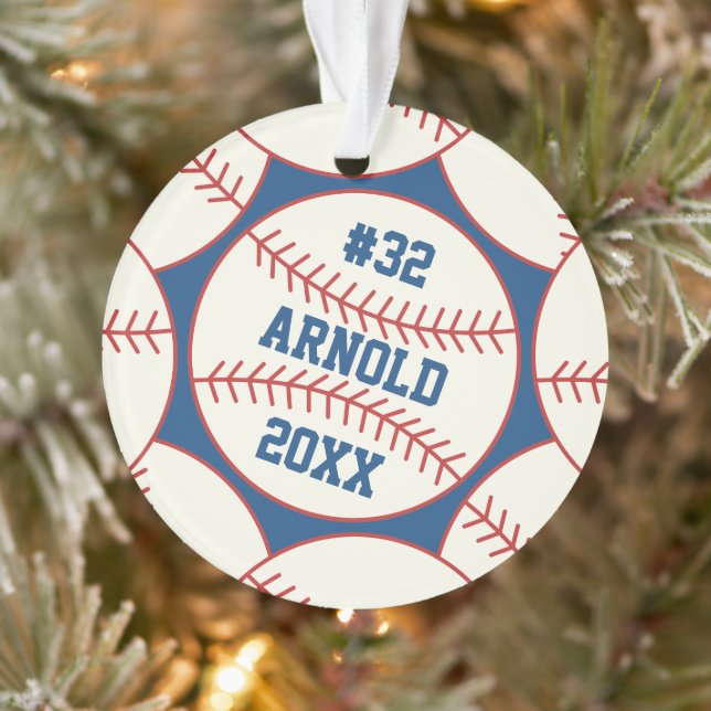 Baseball Pattern Add Name Number Year Ornament (Tree)