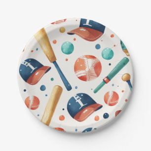 Baseball Pattern Blue Red Bat Hat Ball Birthday Paper Plate