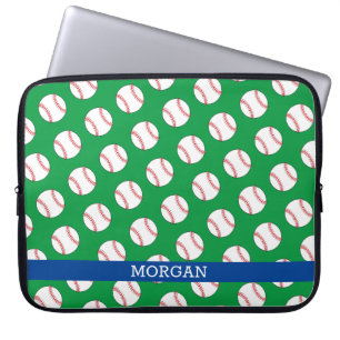 Baseball Pattern, Name, Blue & Green Laptop Sleeve