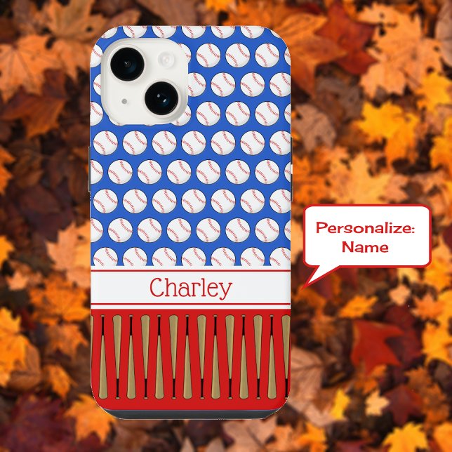 Baseball patterned custom name red blue iPhone case (Showing the case on the iPhone 14)