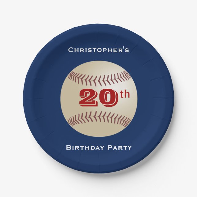 Baseball Personalise Name 20th Birthday Party Blue Paper Plate (Front)