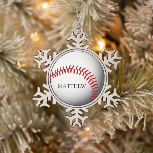 Baseball Personalised Name or Monogram Snowflake Pewter Christmas Ornament (Tree)