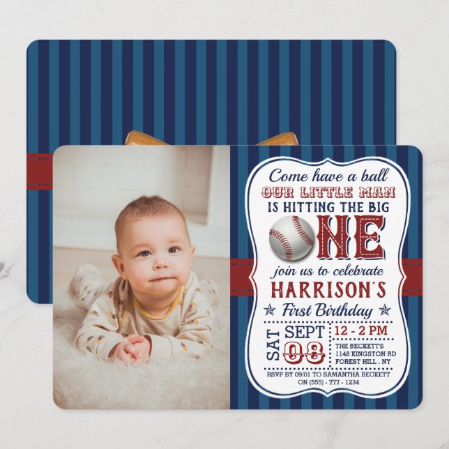 Baseball Photo 1st Birthday Invitations (Front/Back)