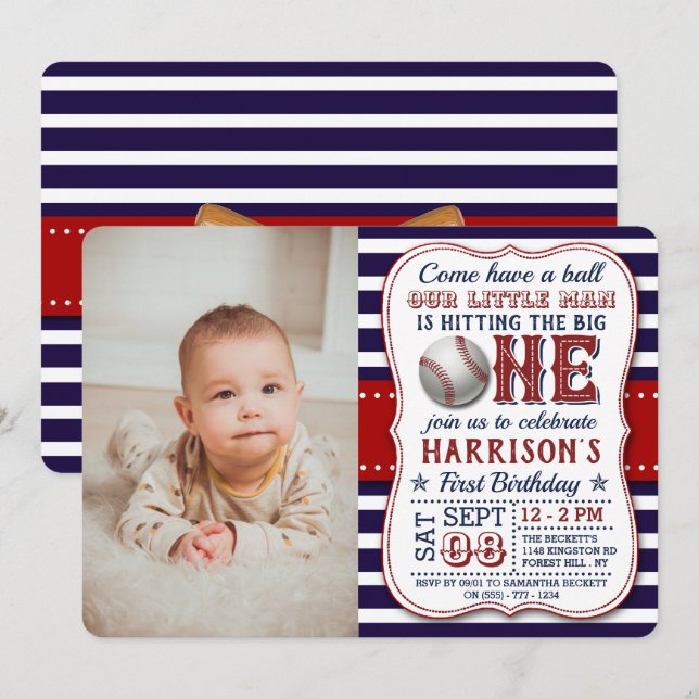 Baseball Photo 1st Birthday Invitations (Front/Back)