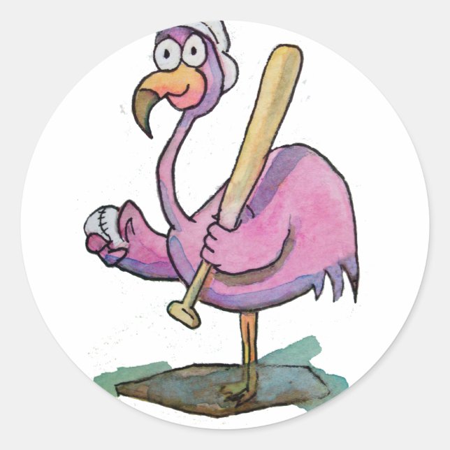 Baseball Pink Flamingo Whimsical Watercolor Classic Round Sticker (Front)