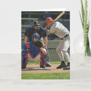 Baseball pitcher, batter and umpire in ready card