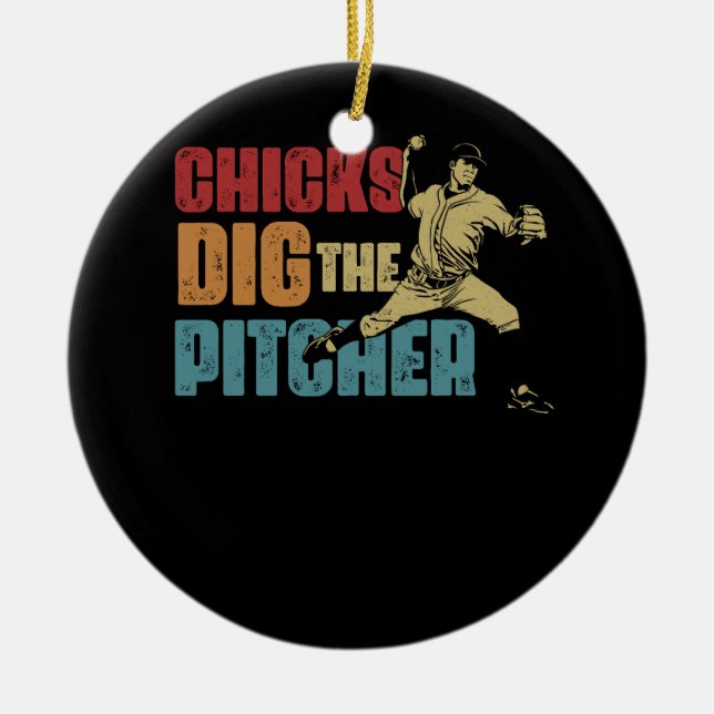 Baseball Pitcher Funny Chick Dig The Pitcher Softb Ceramic Tree Decoration (Front)
