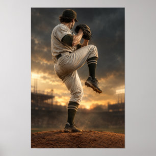 Baseball Pitcher Windup at Sunset – Dramatic Sport Poster