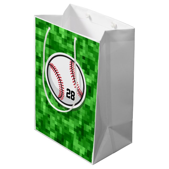 Baseball Pixilated Grass Player Number Sports Medium Gift Bag (Back Angled)