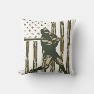 Baseball Player American Flag USA Bottomland Camo Cushion