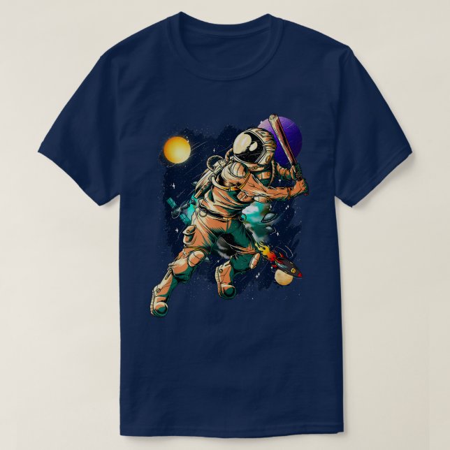 Baseball Player Astronaut Outer Space UFO Planets  T-Shirt (Design Front)